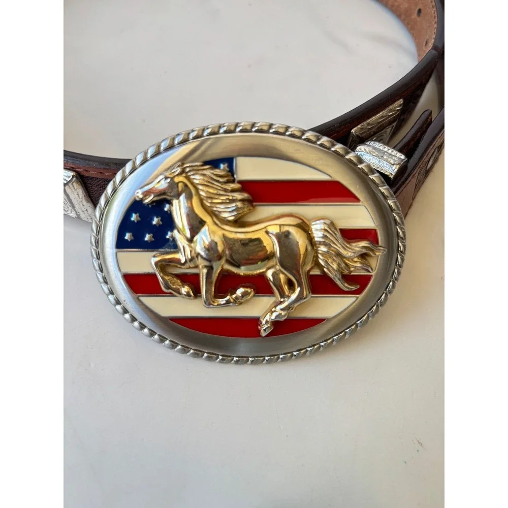 Ranger Belt Western American‎ Flag Horse Belt Brown Leather Concho Tooled 34